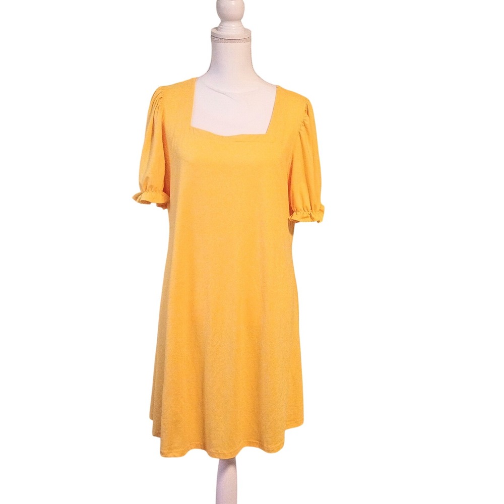 Yellow Square Neck Puff Sleeve Shift Dress Athletic Leisure Casual XL